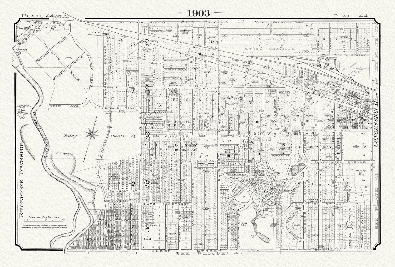 Plate 44, Toronto West, Baby Estate & Junction West, 1903, map on heavy cotton canvas, 20 x 30" or 50 x 75cm. approx. - The Map Chest