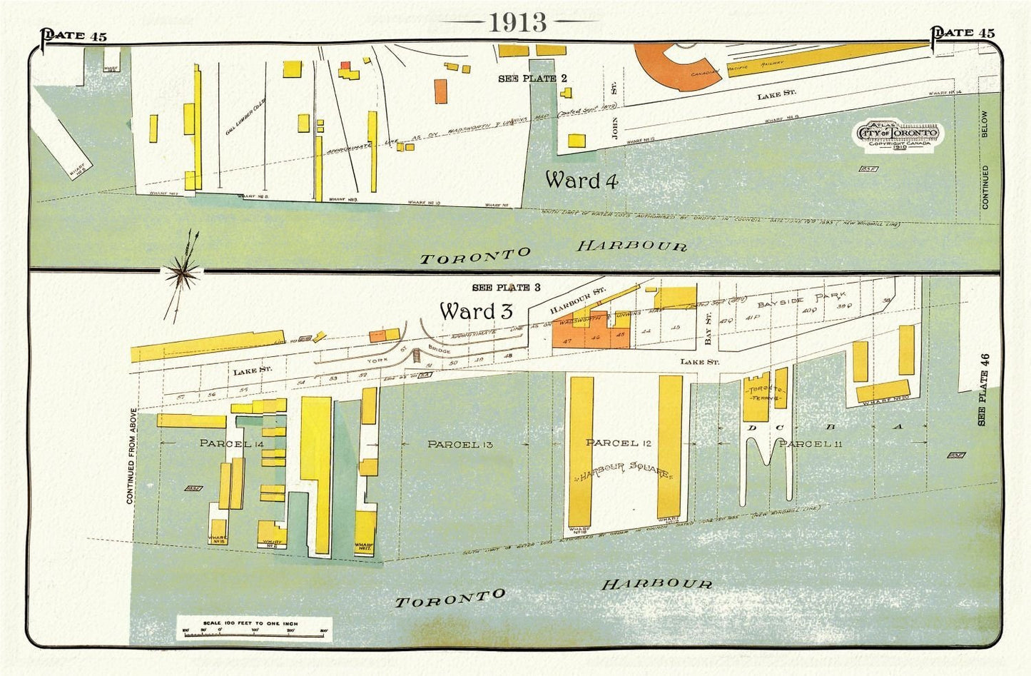 Plate 45, Toronto Downtown, Waterfront, 1913, map on heavy cotton canvas, 20 x 30" approx. - The Map Chest