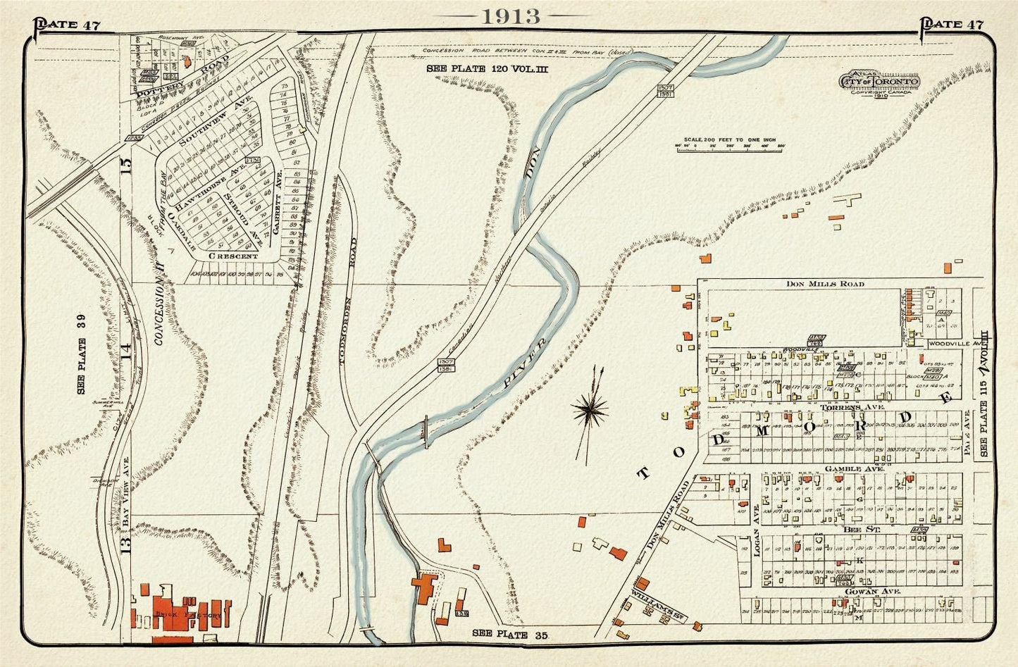 Plate 47, Toronto East, Danforth, Todmordon, 1913, map on heavy cotton canvas, 20 x 30" approx. - The Map Chest