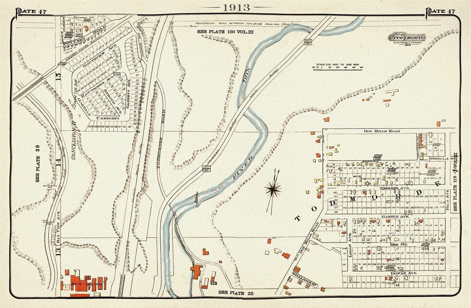 Plate 47, Toronto East, Danforth, Todmordon, 1913, map on heavy cotton canvas, 20 x 30" approx. - The Map Chest