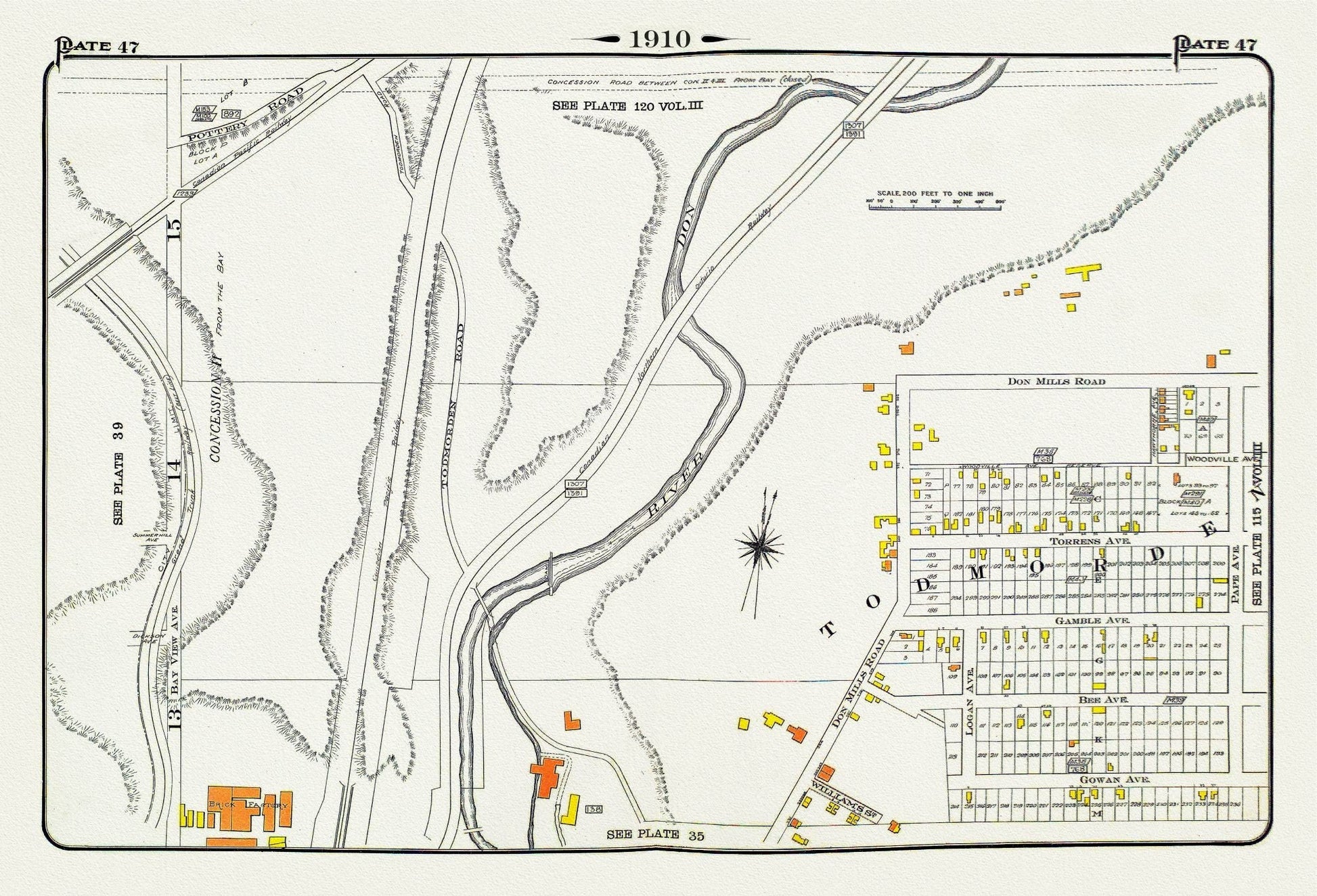 Plate 47, Toronto East York, Todmorden, 1910 , map on heavy cotton canvas, 20 x 30" approx. - The Map Chest