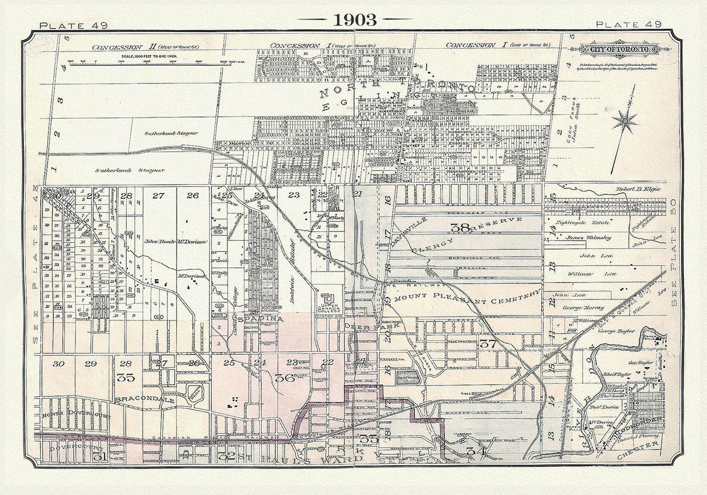 Plate 49, Toronto North, Davisville, Eglinton & Yonge St., 1903, map on heavy cotton canvas, 20 x 30" or 50 x 75cm. approx. - The Map Chest