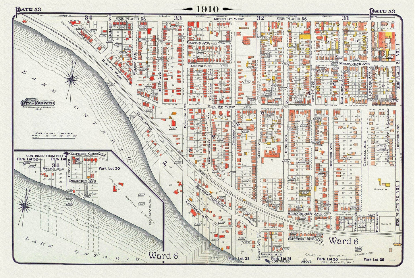 Plate 53, Toronto West, Parkdale South & West, 1910, map on heavy cotton canvas, 20 x 30" approx. - The Map Chest