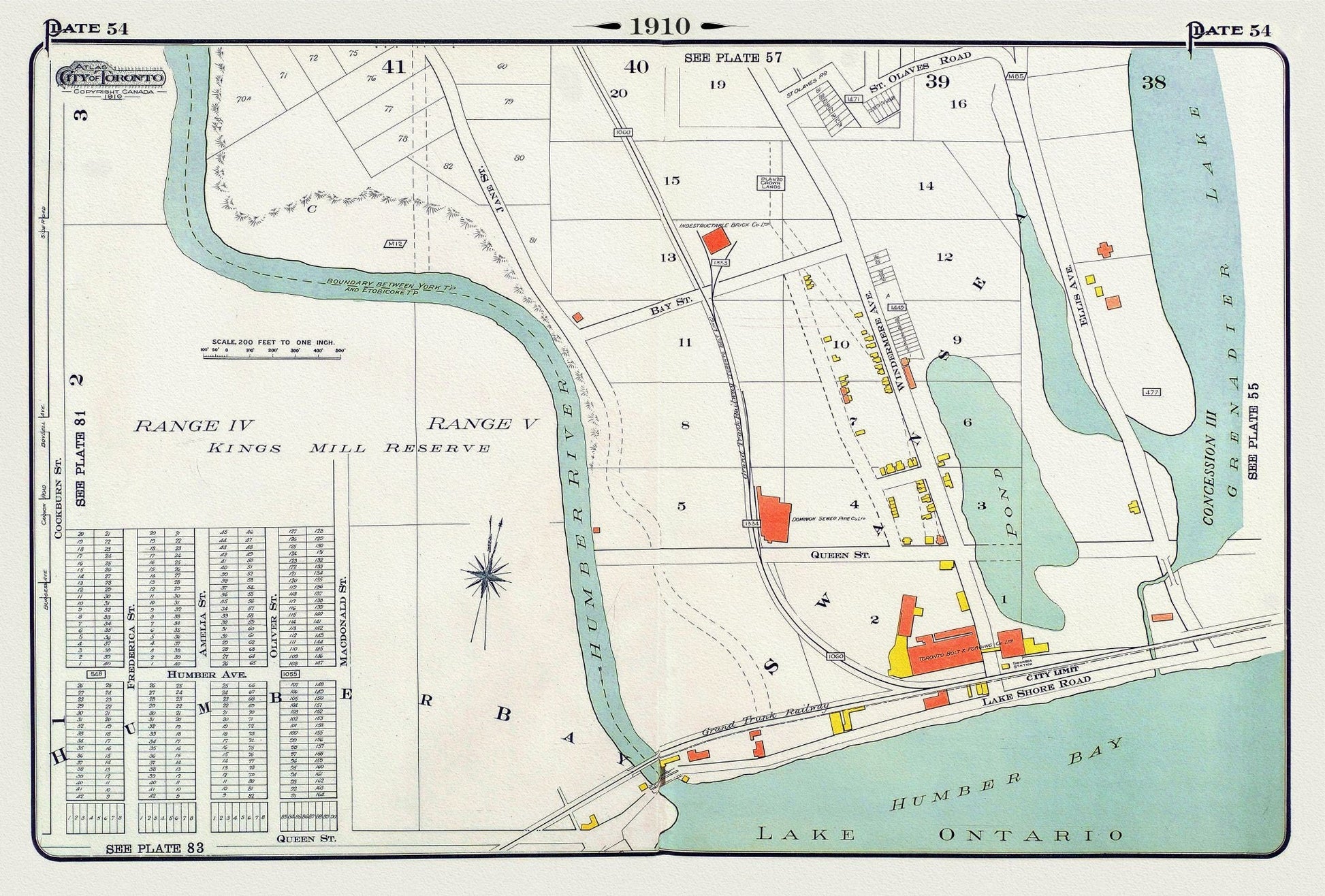 Plate 54, Toronto West, Swansea & High Park South, 1910 , map on heavy cotton canvas, 20 x 30" approx. - The Map Chest
