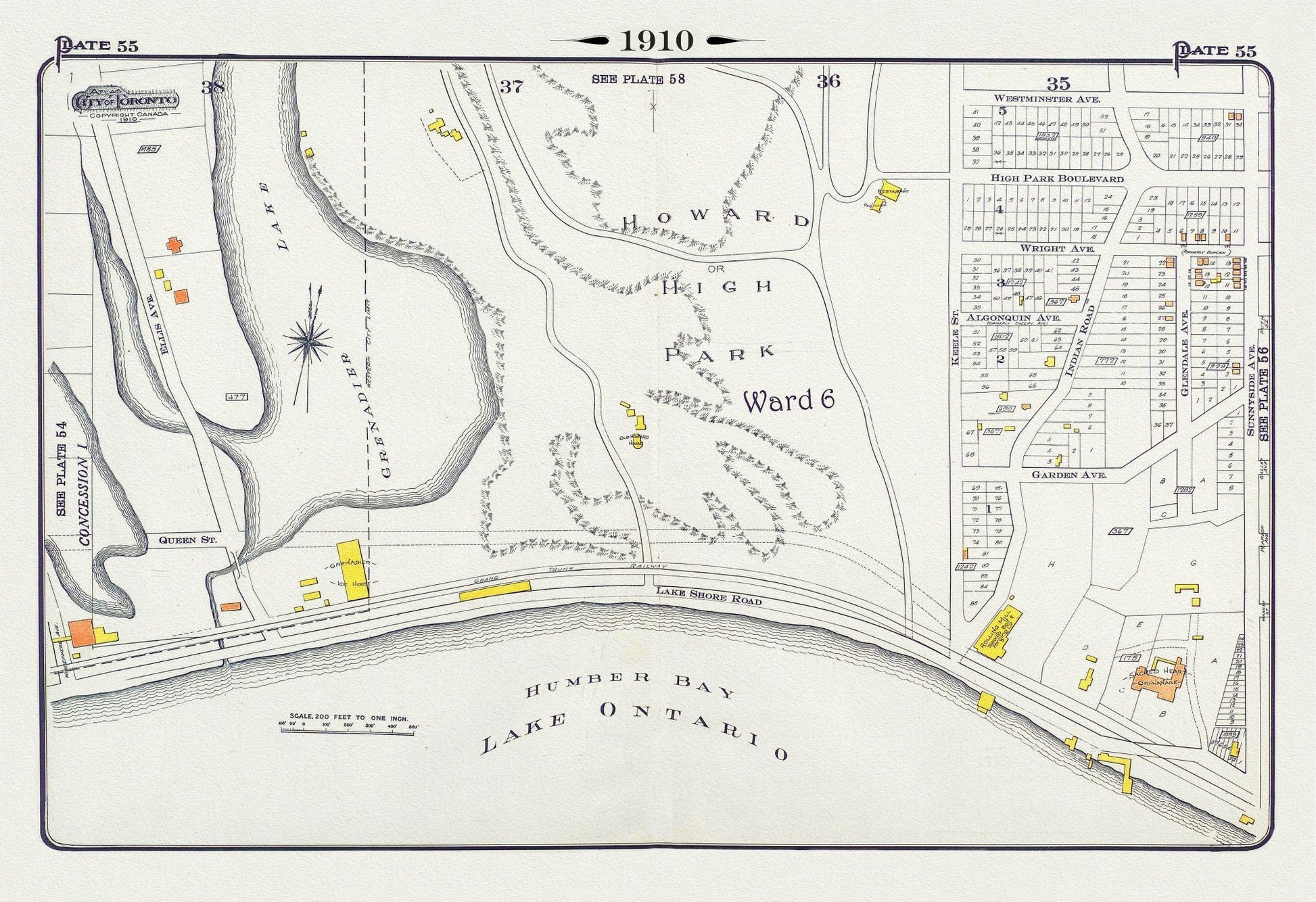 Plate 55, Toronto West, High Park South, 1910, map on heavy cotton canvas, 20 x 30" approx. - The Map Chest
