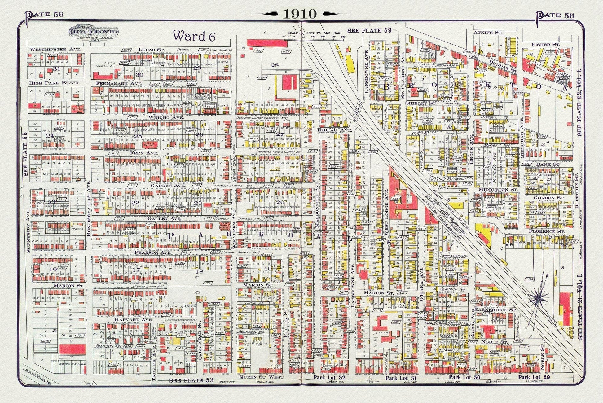 Plate 56, Toronto West, High Park East, Parkdale & Brockton, 1910 , map on heavy cotton canvas, 20 x 30" approx. - The Map Chest