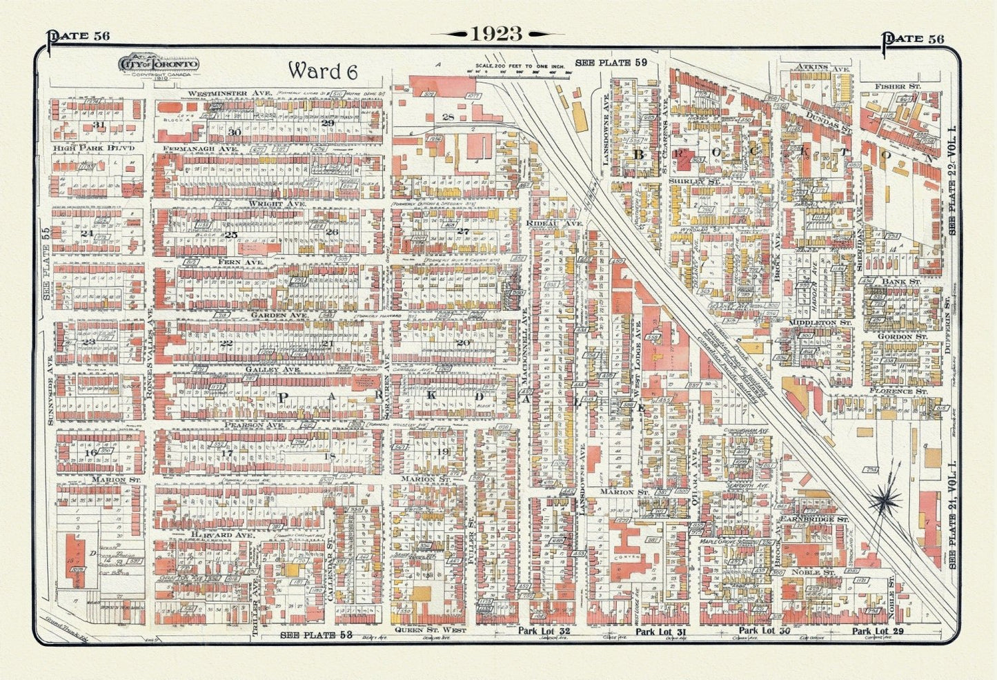 Plate 56, Toronto West, High Park East, Parkdale & Brockton, 1923, Map on heavy cotton canvas, 18x27in. approx. - The Map Chest