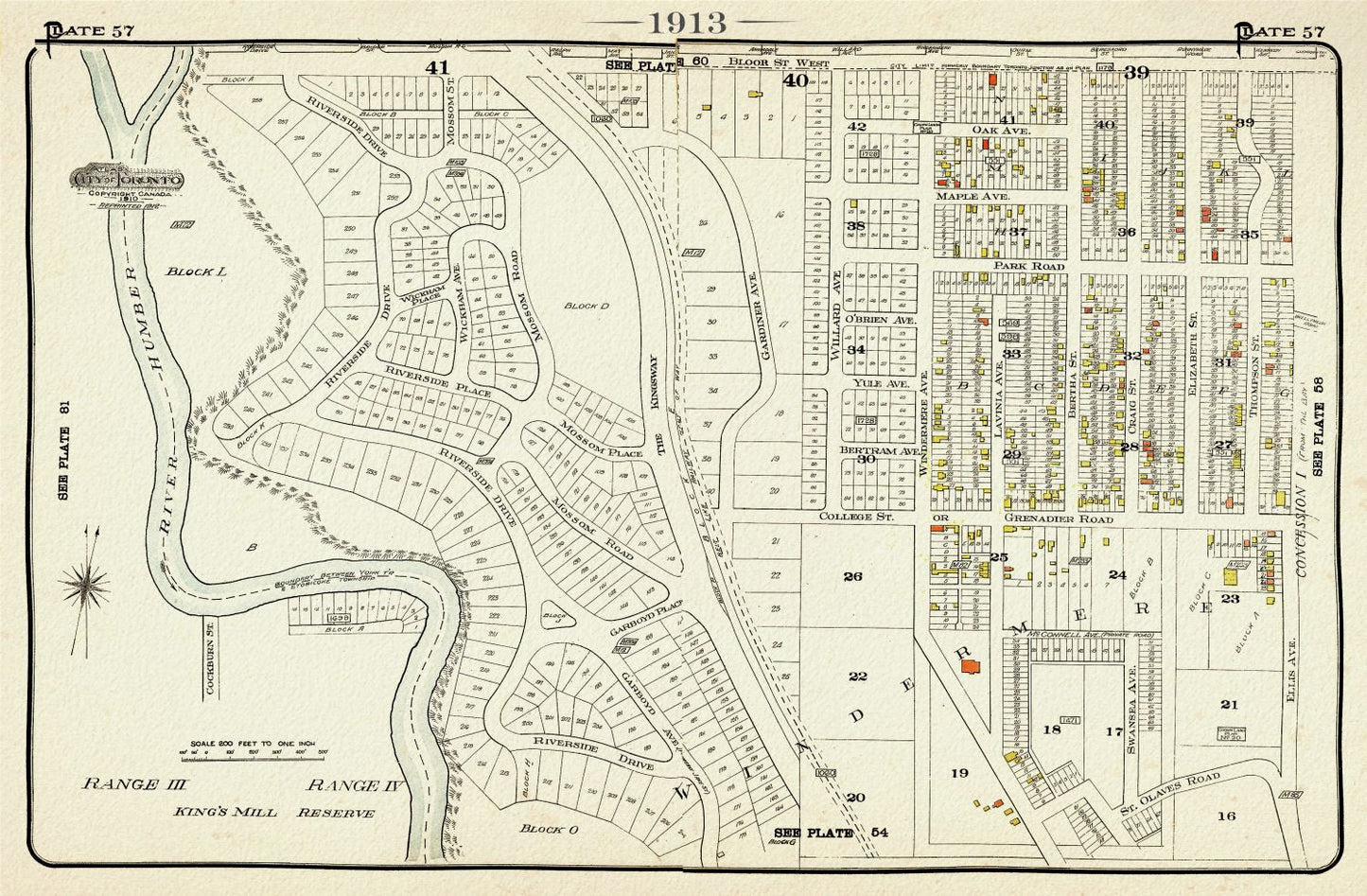 Plate 57, Toronto West, High Park, Swansea, Kingsway, 1913, map on heavy cotton canvas, 20 x 30" approx. - The Map Chest