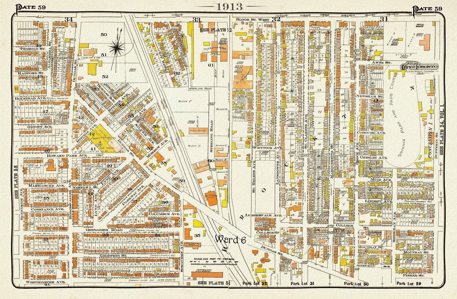 Plate 59, TorontoWest, Roncesvalles, Brockton North, 1913, map on heavy cotton canvas, 20 x 30" or 50 x 75cm. approx. - The Map Chest