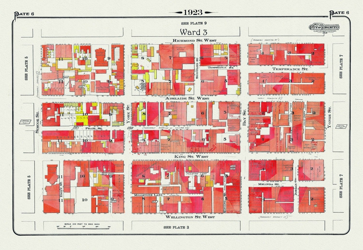 Plate 6, Toronto Downtown West, King & York Streets, 1923, Map on heavy cotton canvas,18x27in. approx. - The Map Chest