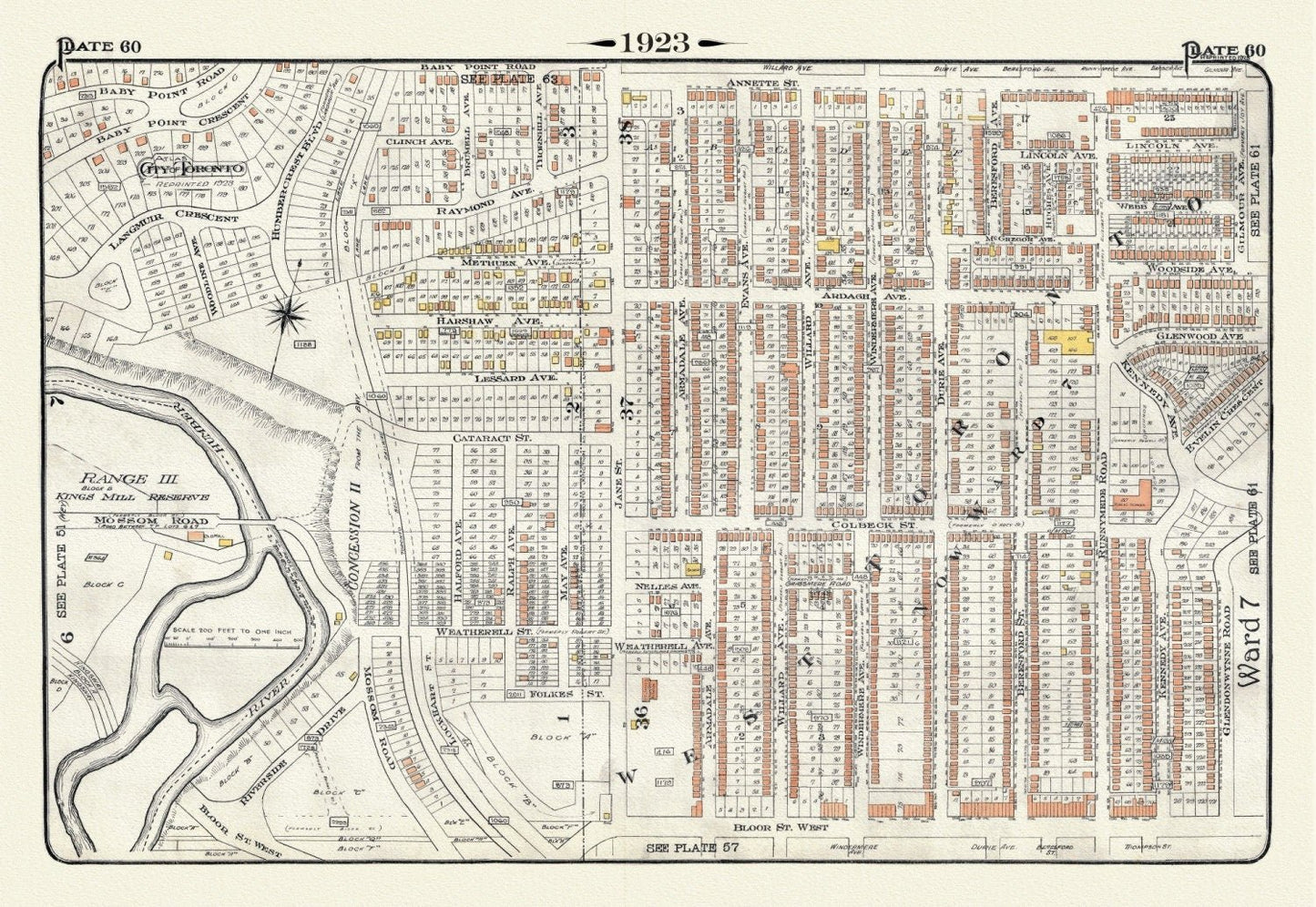Plate 60, Toronto West, Bloor West Village, 1923, Map on heavy cotton canvas, 18x27in. approx. - The Map Chest