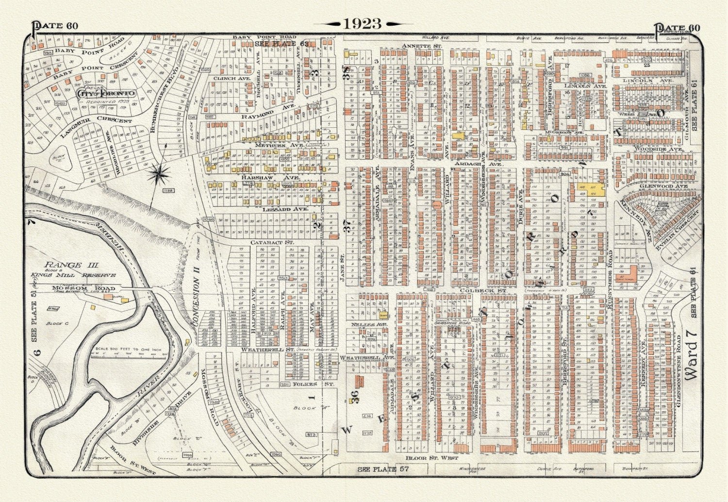 Plate 60, Toronto West, Bloor West Village, 1923, Map on heavy cotton canvas, 18x27in. approx. - The Map Chest