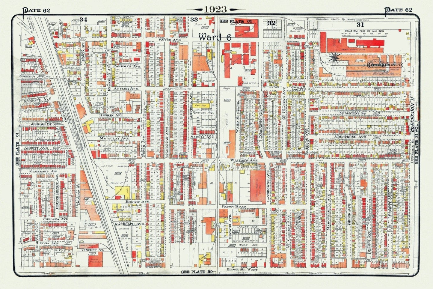 Plate 62, Toronto West, Junction East, Wallace & Symington, North of Bloor Street, 1923, Map on heavy cotton canvas, 18x27in. approx. - The Map Chest