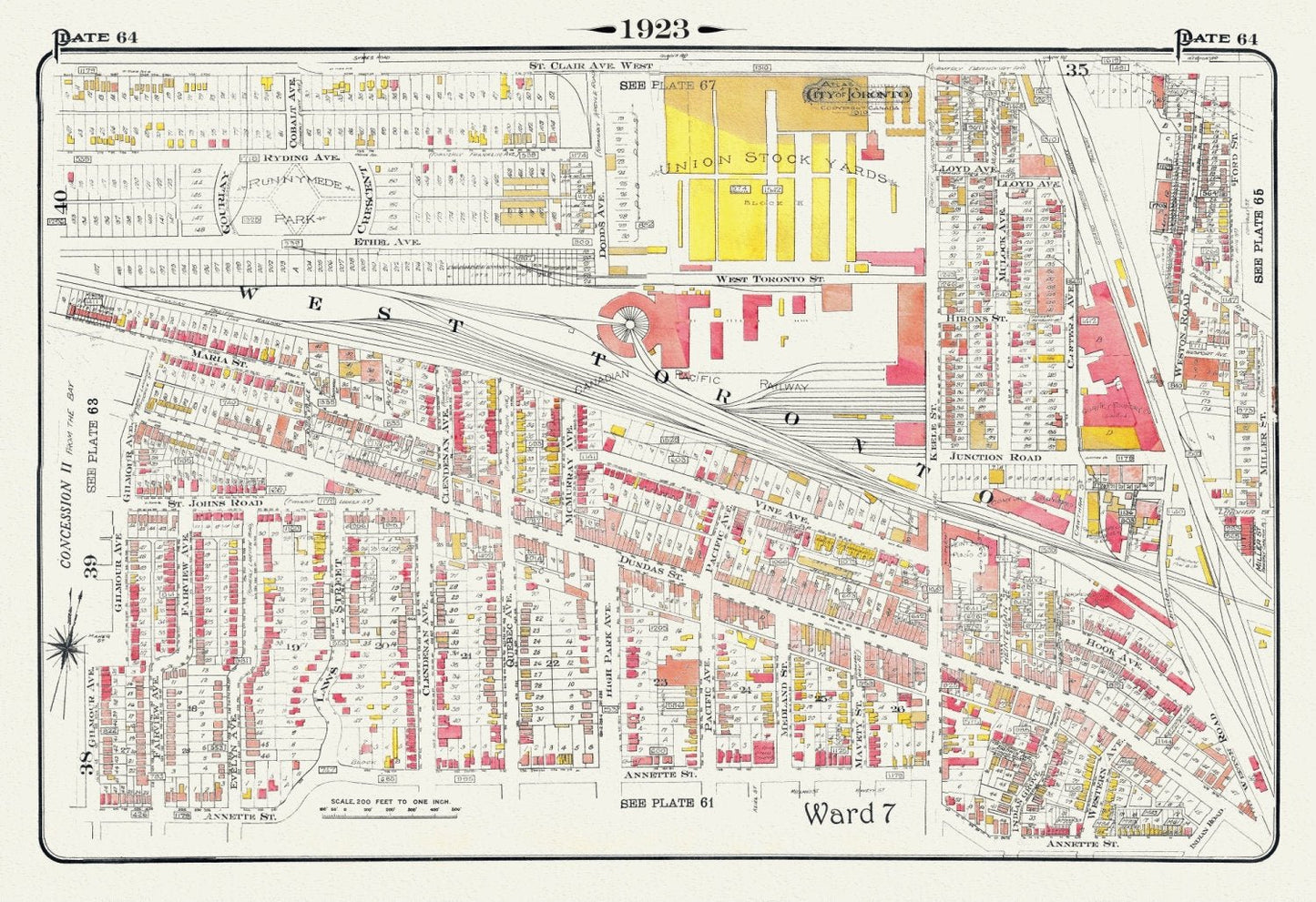 Plate 64, Toronto West, The Junction & Stockyards, 1923, Map on heavy cotton canvas, 18x27in. approx. - The Map Chest