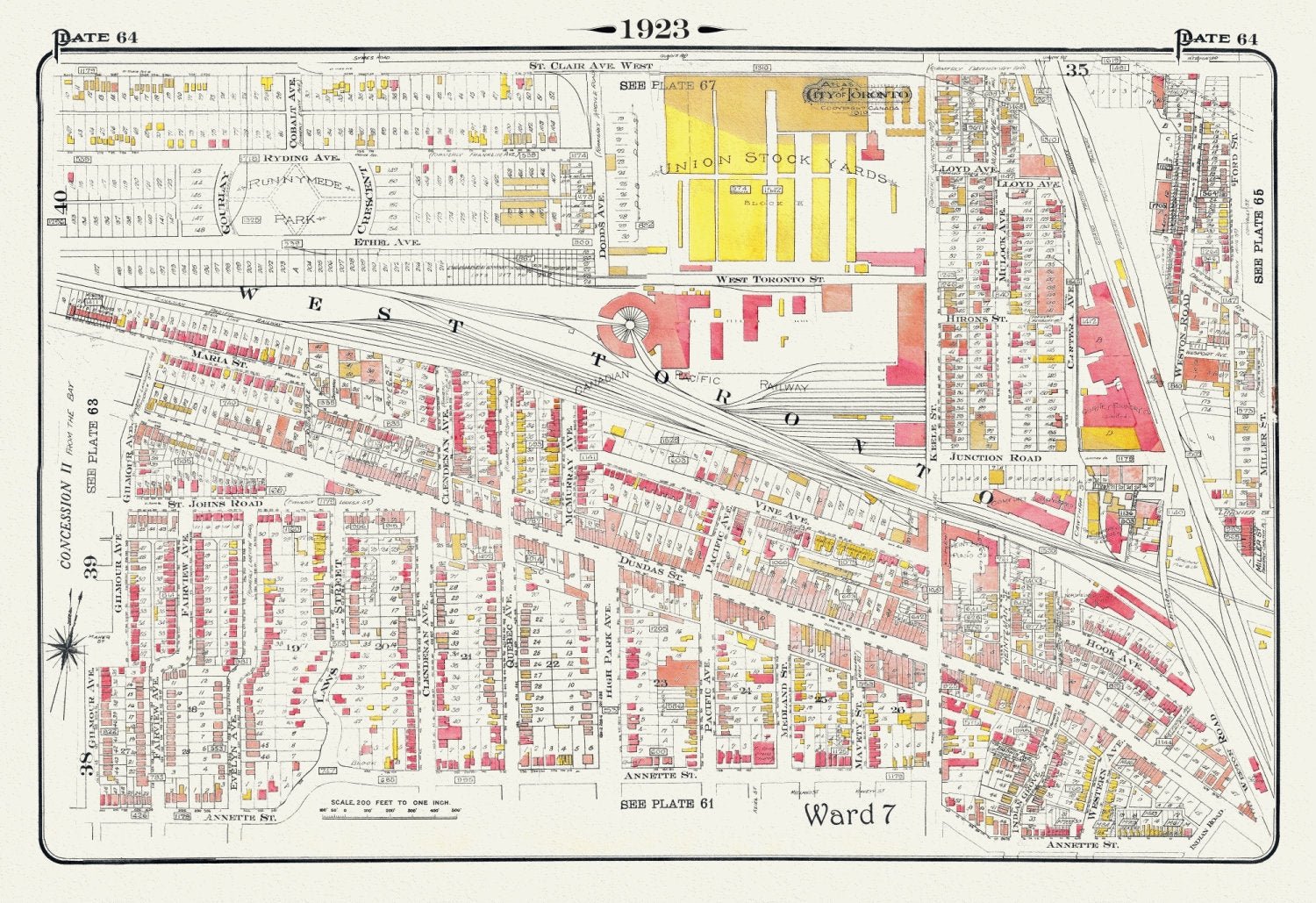 Plate 64, Toronto West, The Junction & Stockyards, 1923, Map on heavy cotton canvas, 18x27in. approx. - The Map Chest