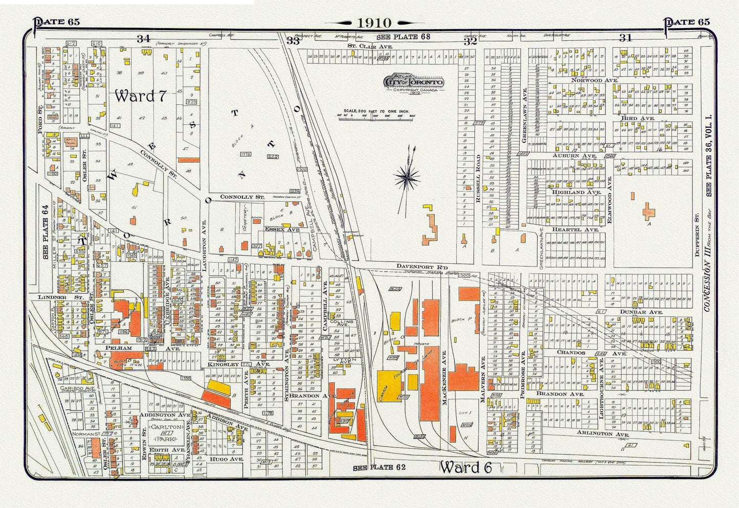 Plate 65, Toronto West, Junction Triangle & Brockton North, 1910 , map on heavy cotton canvas, 20 x 30" approx. - The Map Chest