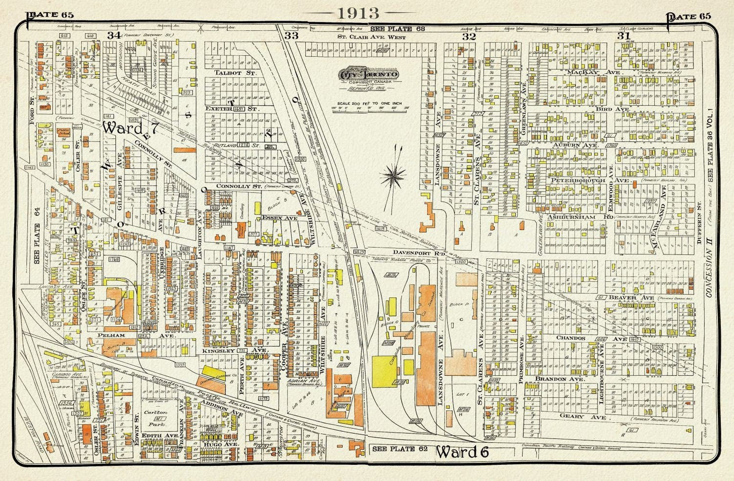 Plate 65, Toronto West, The Junction Triangle North, 1913, map on heavy cotton canvas, 20 x 30" or 50 x 75cm. approx. - The Map Chest