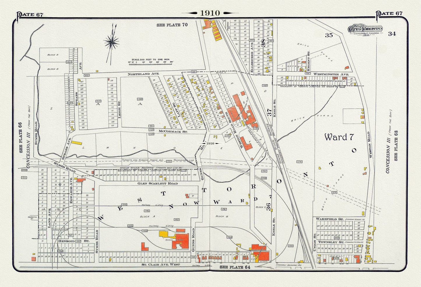 Plate 67, Toronto West, Stockyards North, 1910 , map on heavy cotton canvas, 20 x 30" approx. - The Map Chest