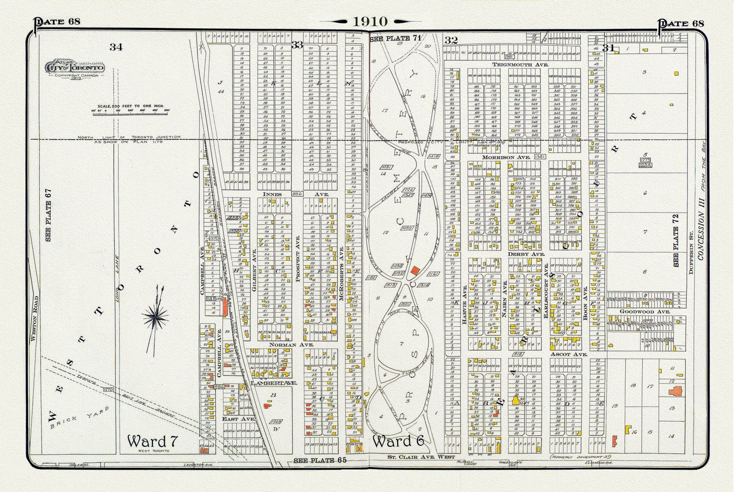 Plate 68, Toronto North West, Caledonia & St. Clair, Prospect Cemetery, 1910 , map on heavy cotton canvas, 20 x 30" approx. - The Map Chest
