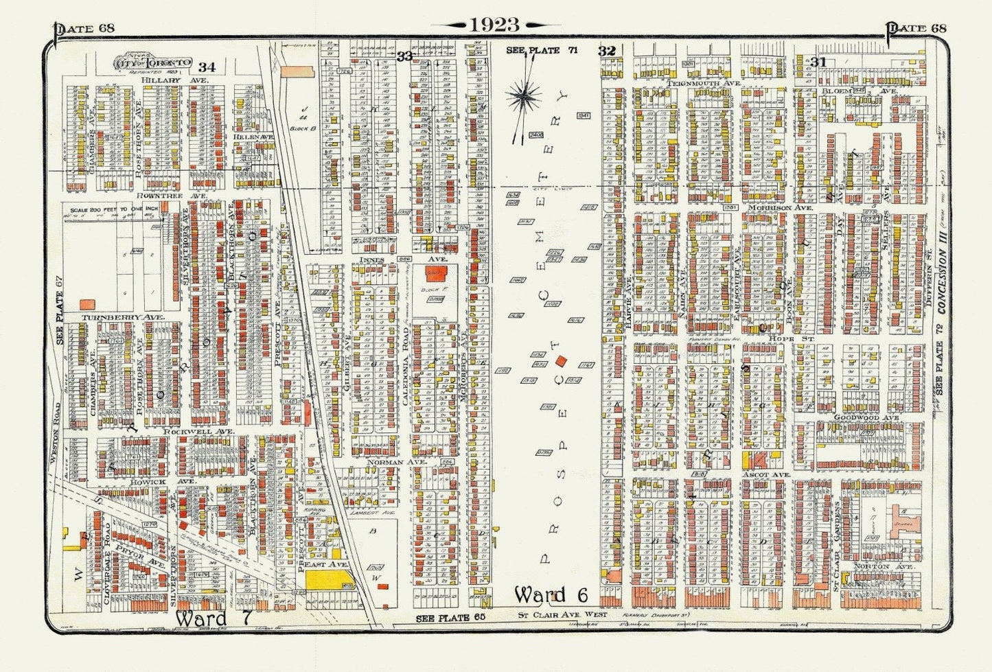 Plate 68, Toronto North West, Caledonia & St. Clair, Prospect Cemetery, 1923, Map on heavy cotton canvas, 18x27in. approx. - The Map Chest