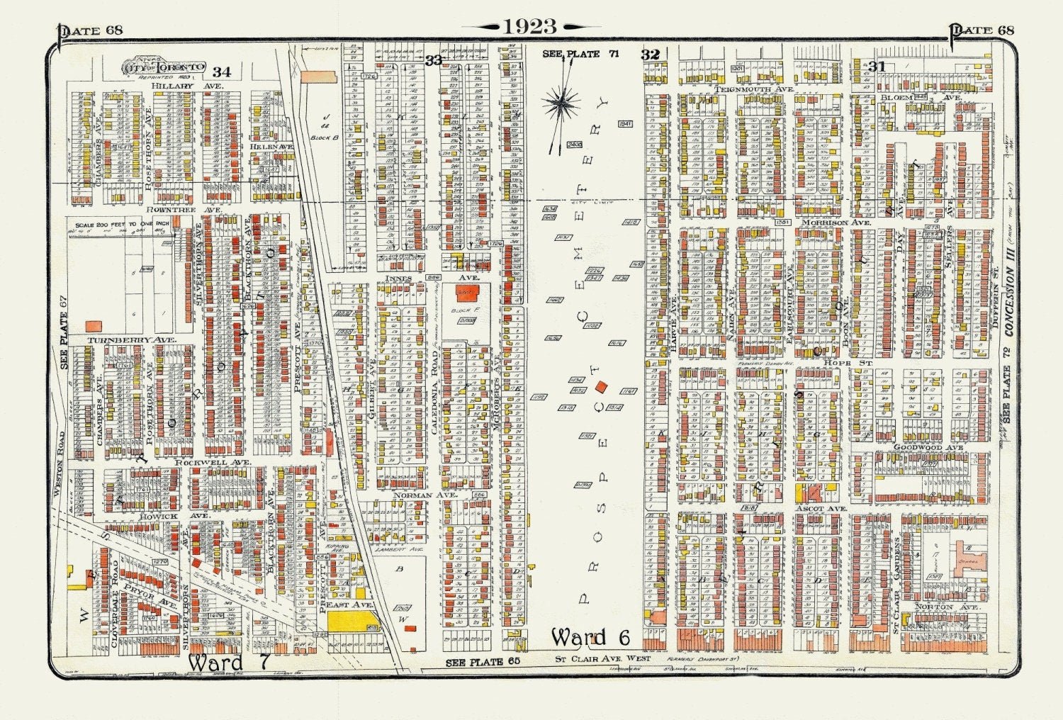 Plate 68, Toronto North West, Caledonia & St. Clair, Prospect Cemetery, 1923, Map on heavy cotton canvas, 18x27in. approx. - The Map Chest