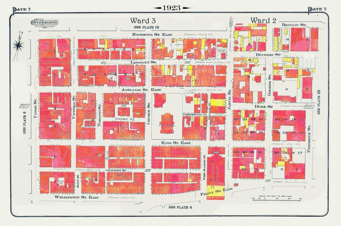 Plate 7, Toronto Downtown East, St. James Cathedral, Jarvis St.,1923, Map on heavy cotton canvas,18x27in. approx. - The Map Chest