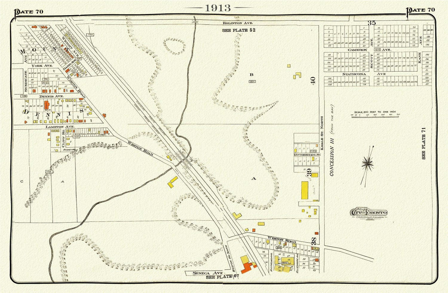 Plate 70, Toronto West, Junction North, Weston, 1913, map on heavy cotton canvas, 20 x 30" or 50 x 75cm. approx. - The Map Chest
