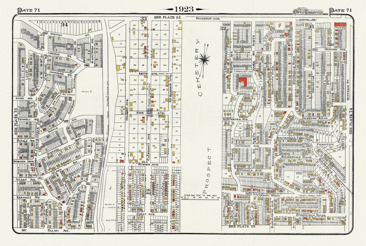 Plate 71, Toronto West North, Prospect Cemetery, 1923, Map on heavy cotton canvas, 18x27in. approx. - The Map Chest
