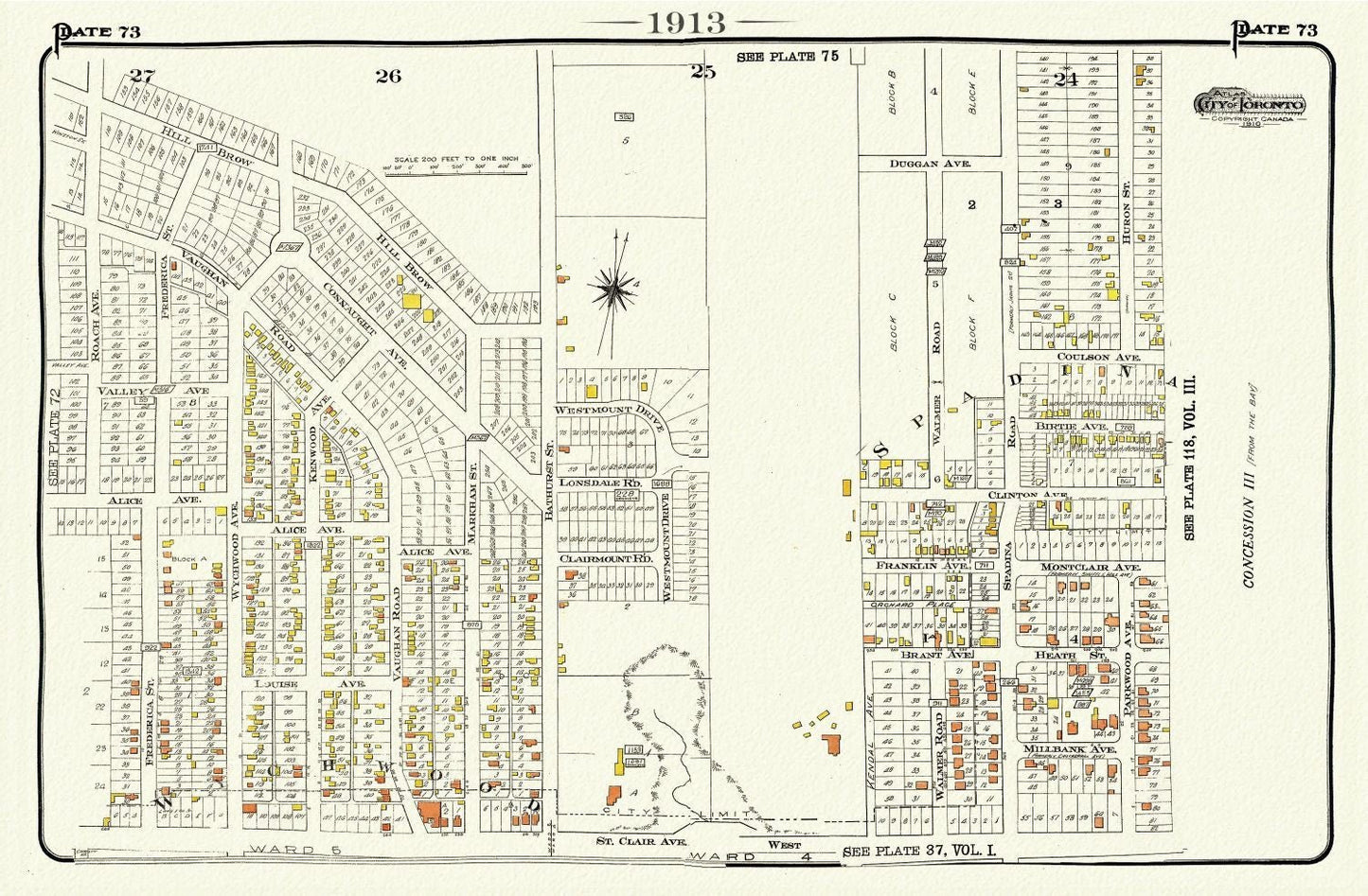 Plate 73, Toronto West, St. Clair & Vaughan Rd., 1913, map on heavy cotton canvas, 20 x 30" or 50 x 75cm. approx. - The Map Chest