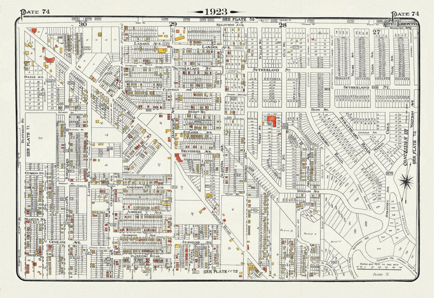 Plate 74, Toronto Uptown West, Vaughan Road to Eglinton, 1923, Map on heavy cotton canvas, 18x27in. approx. - The Map Chest