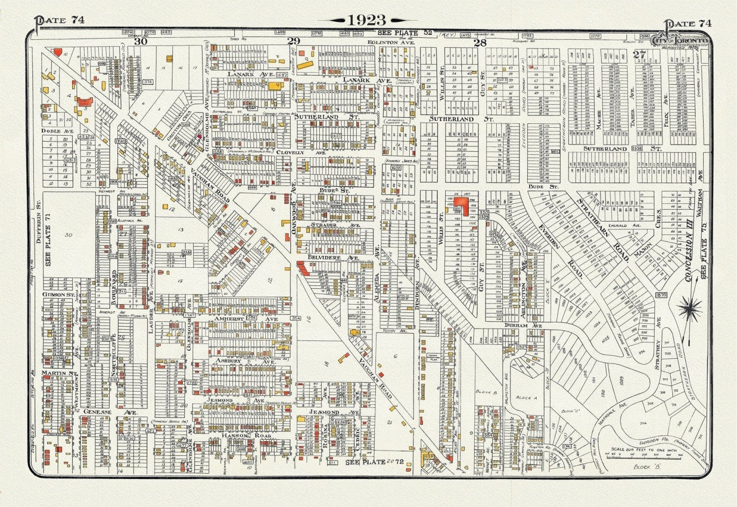 Plate 74, Toronto Uptown West, Vaughan Road to Eglinton, 1923, Map on heavy cotton canvas, 18x27in. approx. - The Map Chest