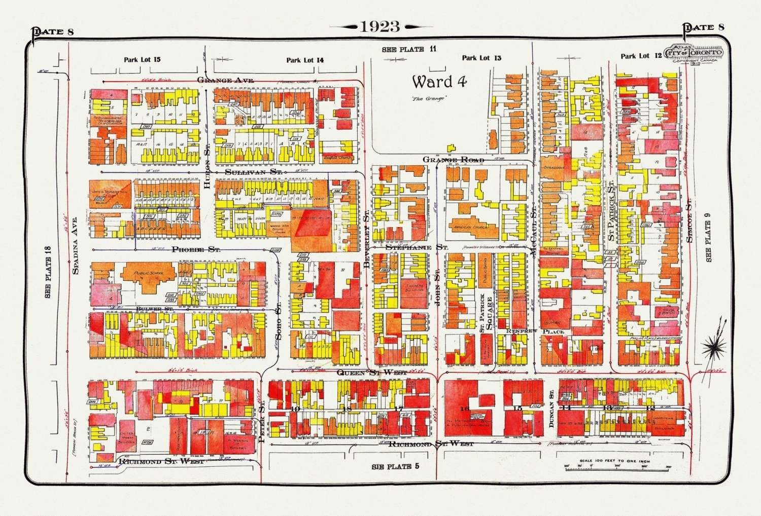 Plate 8, Toronto Downtown West, The Grange, 1923, Map on heavy cotton canvas, 18x27in. approx. - The Map Chest