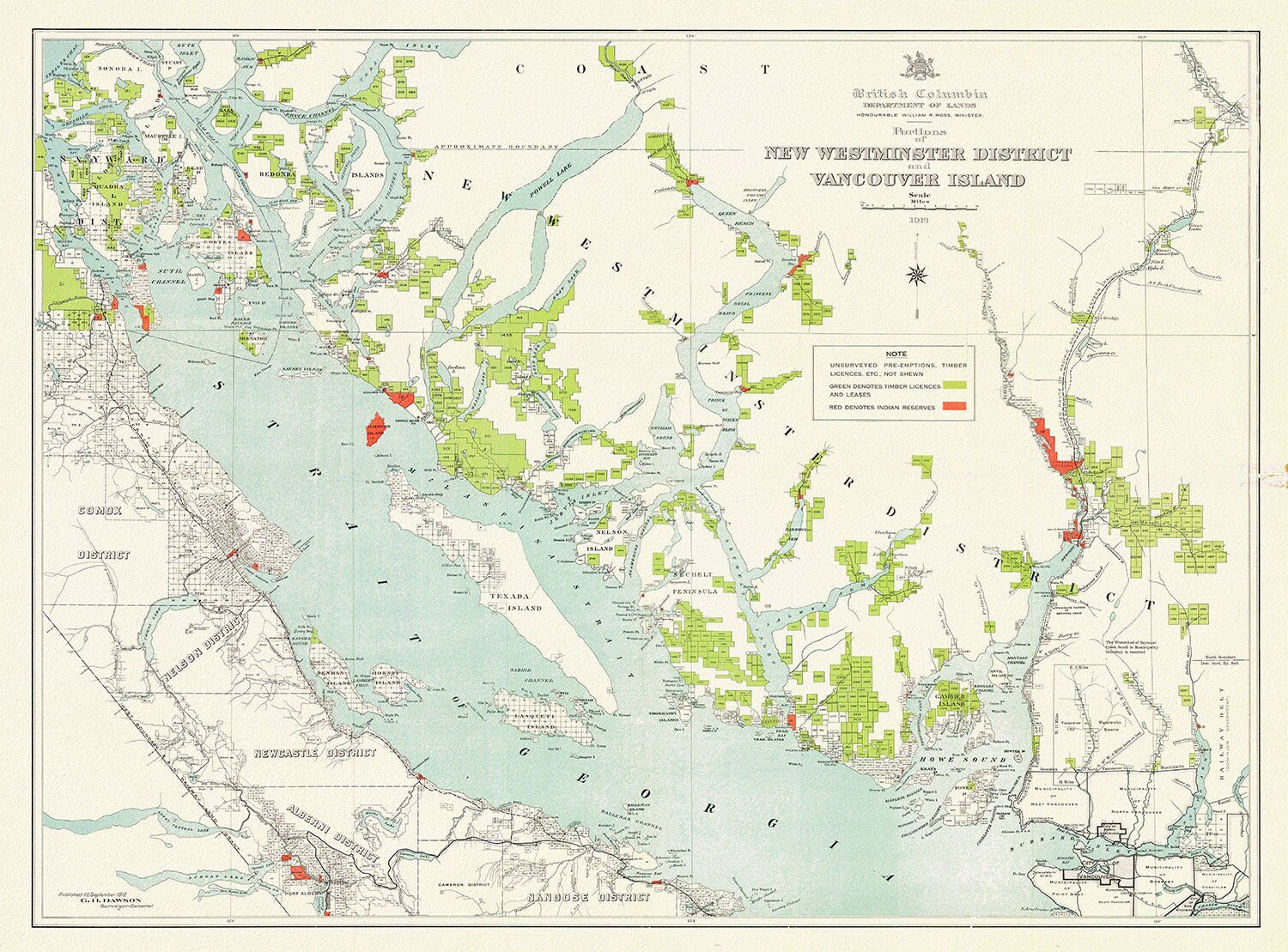 Portions of New Westminster District and Vancouver Island, 1912 , map on heavy cotton canvas, 50 x 70cm, 20 x 25" approx. - The Map Chest