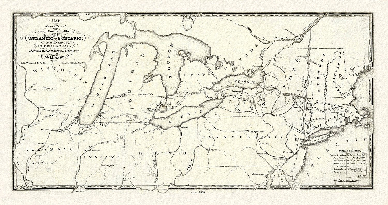 Price, Map showing the direct commercial route from the Atlantic via L. Ontario, to the province of Upper Canada, Mississippi, 1836, 18x27" - The Map Chest