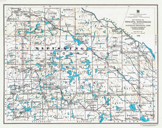 Principal Watersheds Originating within the Algonquin Provincial Park, 1946, map on heavy cotton canvas, 22x27" approx. - The Map Chest