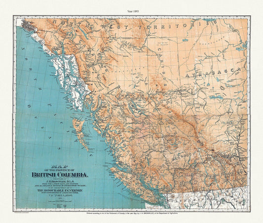 Province of British Columbia, 1893 , map on heavy cotton canvas, 45 x 65 cm, 18 x 24" approx. - The Map Chest