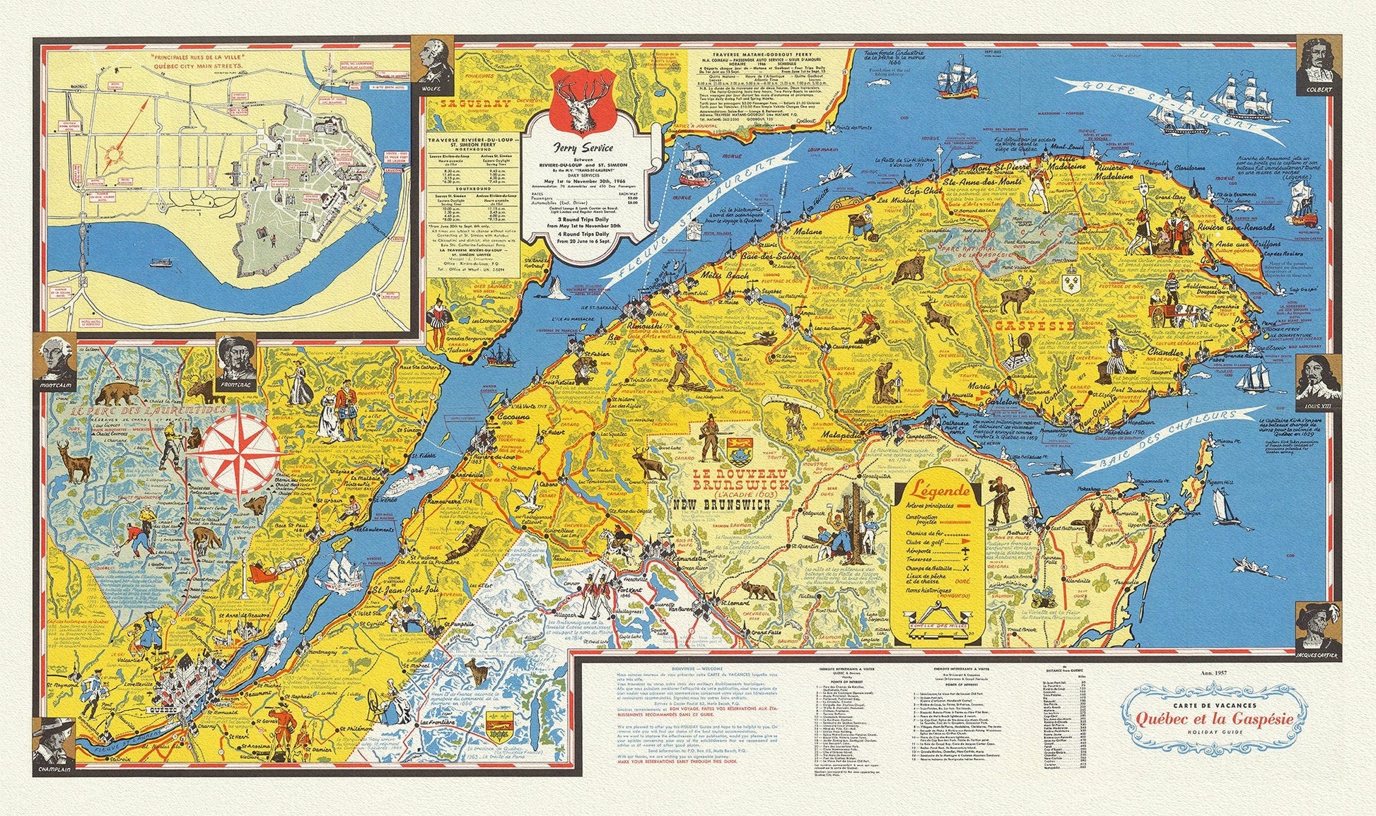 Quebec: Carte de vacanes, Quebec et la Gaspesie Holiday guide, 1959, map on heavy cotton canvas, 22x27" approx. - The Map Chest