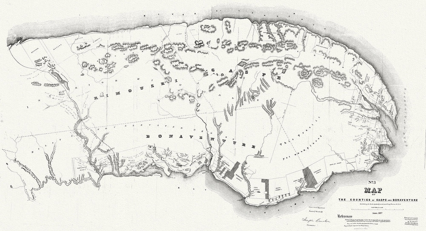 Quebec: Map of the counties of Gaspe and Bonaventure exhibiting the lands adjudicated unsurveyed, Clergy Reserves, 1857 , canvas, 22x27" - The Map Chest