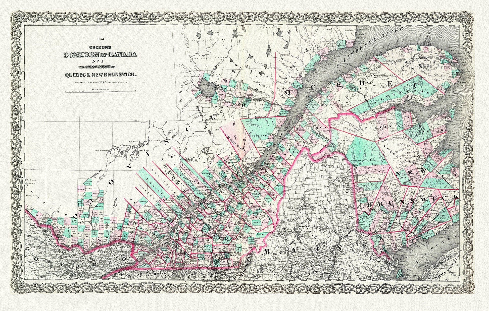 Quebec & New Brunswick, 1874, Colton auth., map on durable cotton canvas, 50 x 70 cm, 20 x 25" approx. - The Map Chest