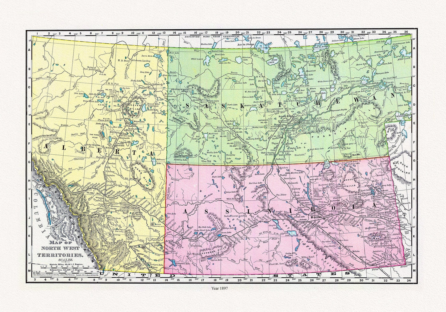 Rand McNally and Company, Alberta, Saskatchewan, 1897, map on heavy cotton canvas, 22x27" approx. - The Map Chest