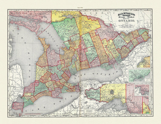 Rand, McNally & Co., Province of Ontario, 1892, map on heavy cotton canvas, 22x27" approx. - The Map Chest