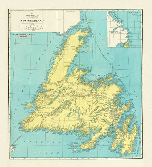 Rand McNally & Company, Commercial Atlas, Newfoundland, 1924, Printed on Heavy Natural Cotton Canvas, approx. 20x24" - The Map Chest