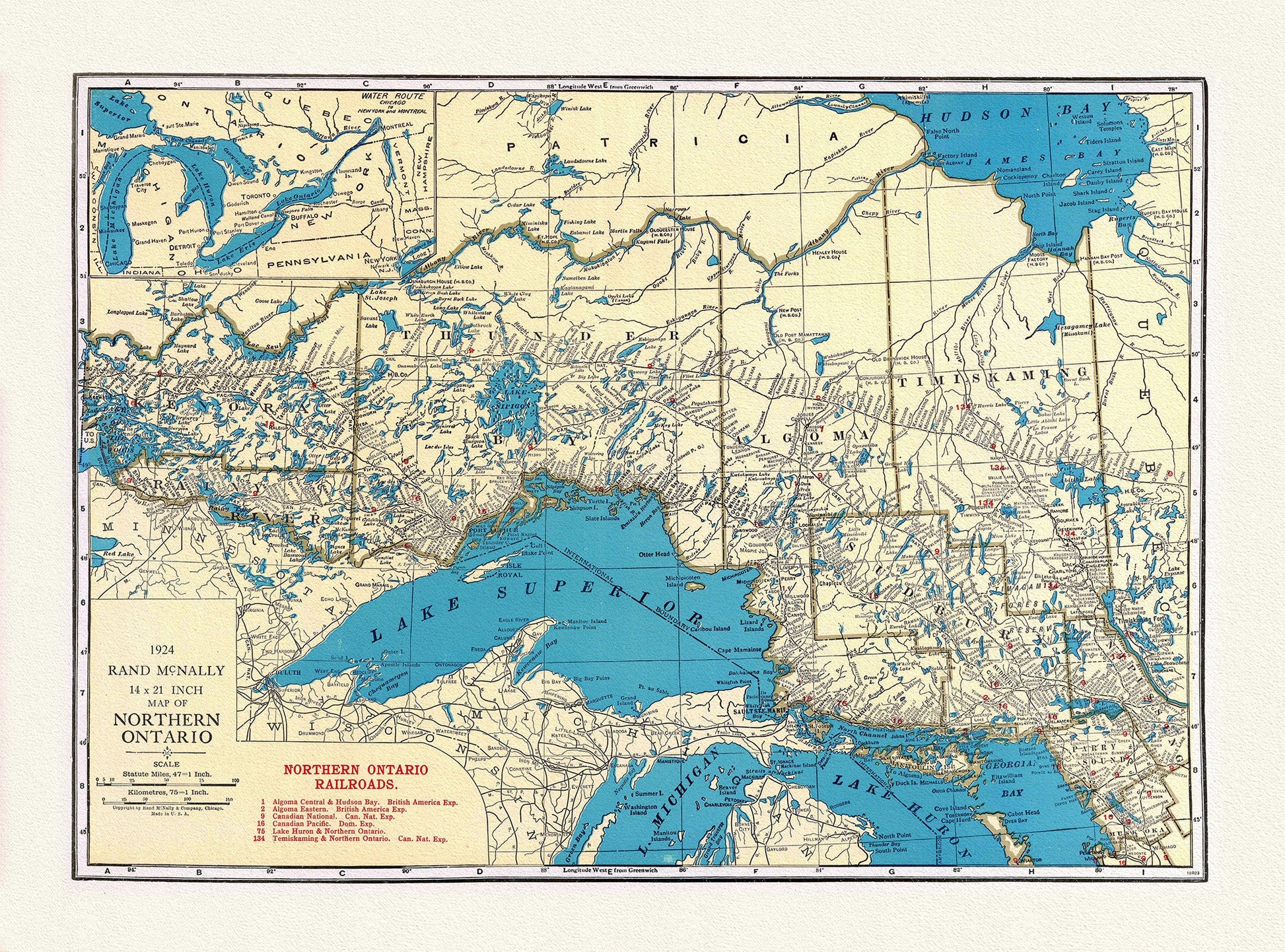 Rand McNally & Company, Commercial Atlas, Northern Ontario, 1924 , map on heavy cotton canvas, 22x27" approx. - The Map Chest