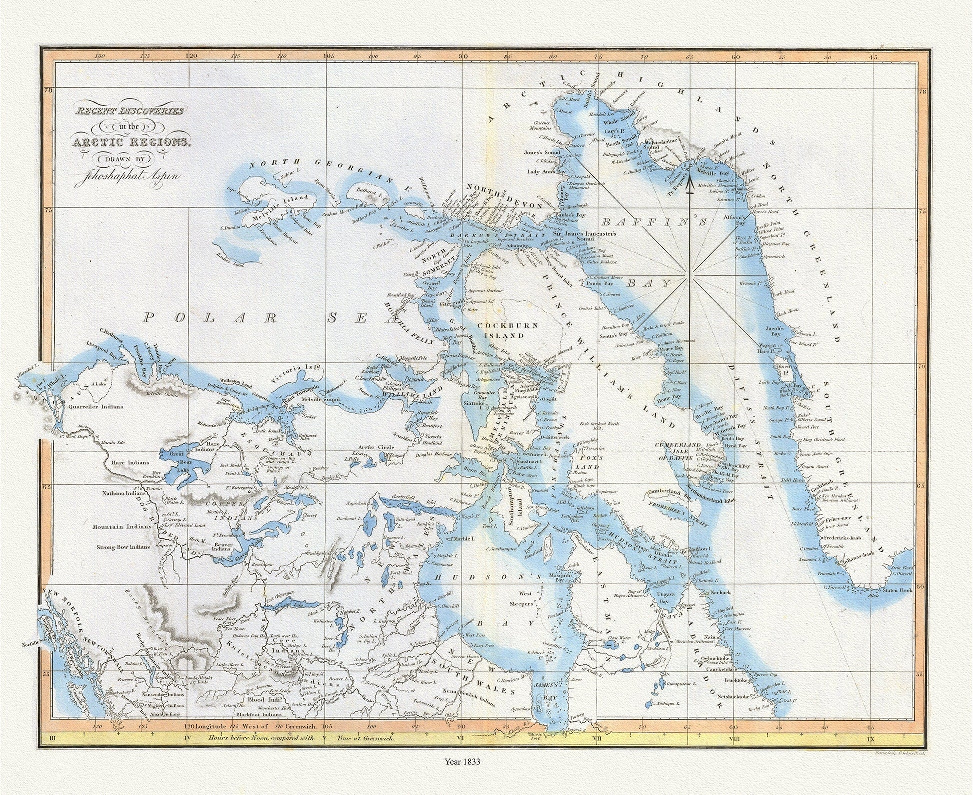 Recent discoveries in the Arctic Regions, 1833, Aspen auth. , map on durable cotton canvas, 50 x 70 cm, 20 x 25" approx. - The Map Chest