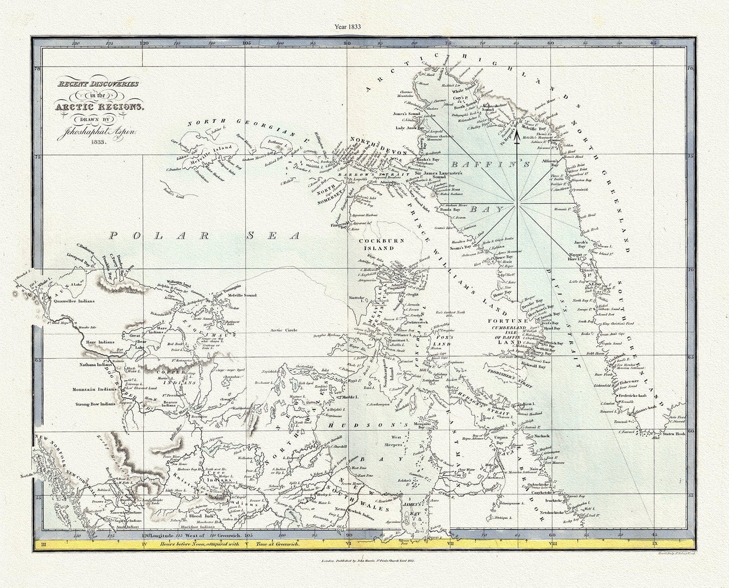 Recent discoveries in the Arctic Regions, 1833 Aspin auth. , map on durable cotton canvas, 50 x 70 cm, 20 x 25" approx. - The Map Chest