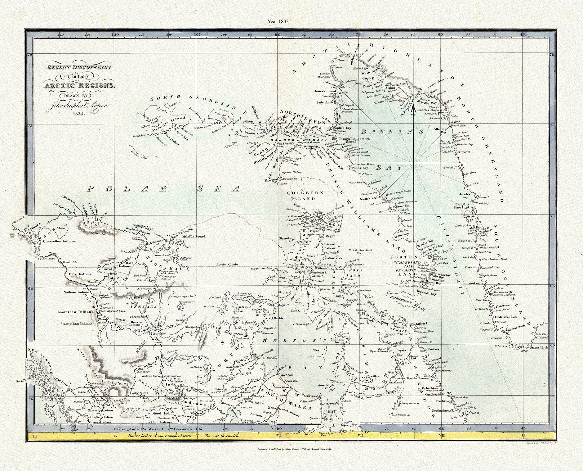 Recent discoveries in the Arctic Regions, 1833 Aspin auth. , map on durable cotton canvas, 50 x 70 cm, 20 x 25" approx. - The Map Chest