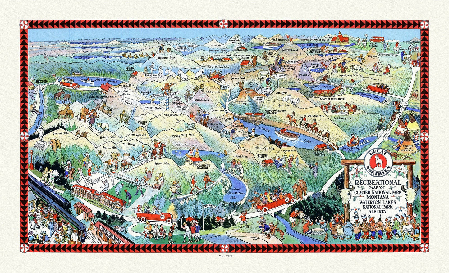 Recreational Map of Glacier National Park Montana, Waterton Lakes National Park, 1925 , map on heavy cotton canvas, 20x27" approx. - The Map Chest