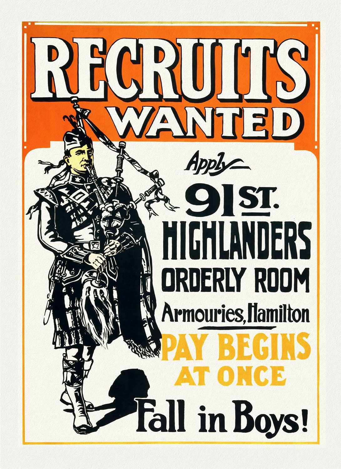 Recruits Wanted, Fall in boys!, Hamilton, Canada, 1914, vintage war poster on durable cotton canvas, 50 x 70 cm, 20 x 25" approx. - The Map Chest