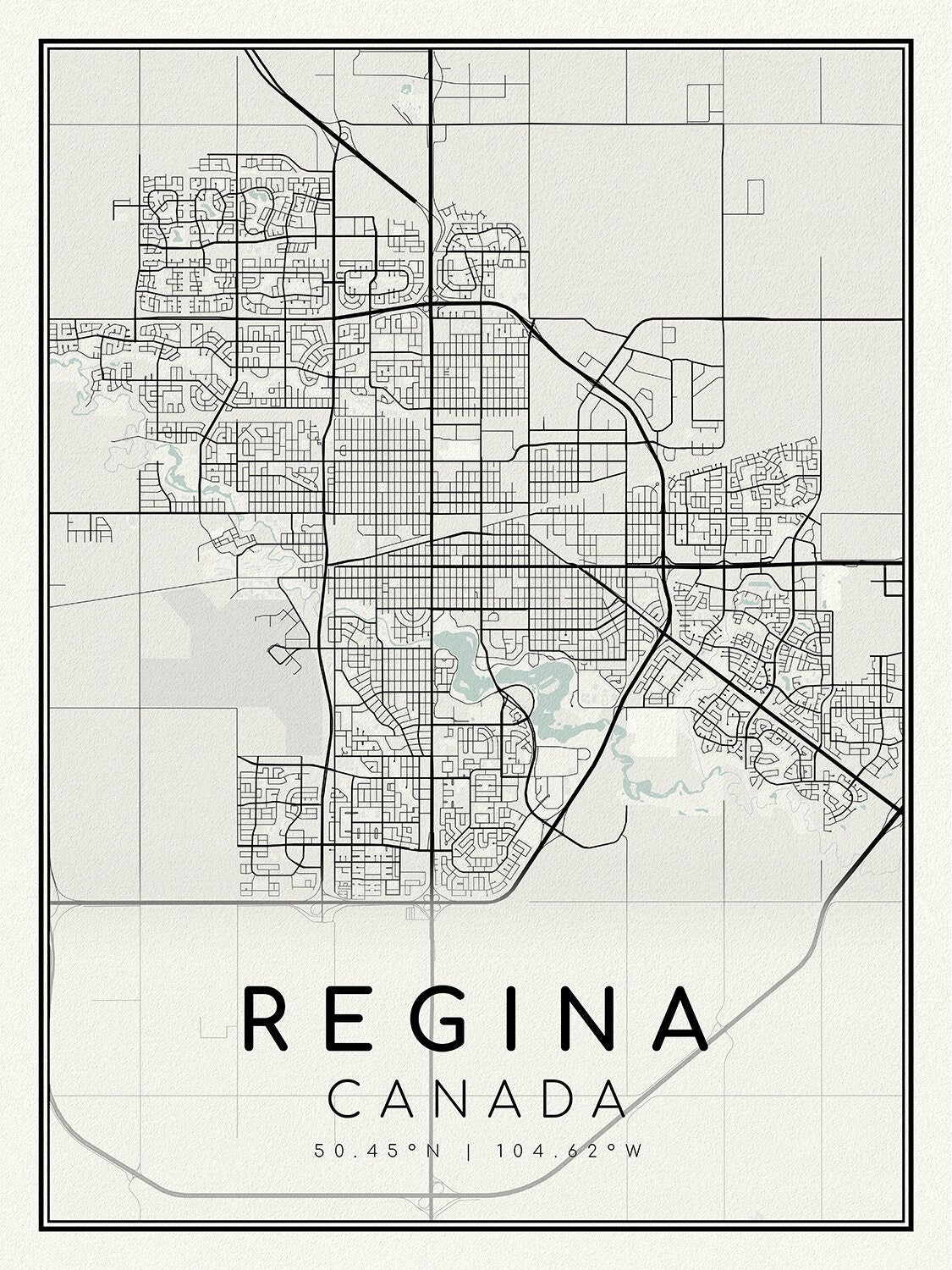 Regina, Saskatchewan, A Modern Map on heavy cotton canvas, 45 x 65 cm, 18 x 24" approx. - The Map Chest