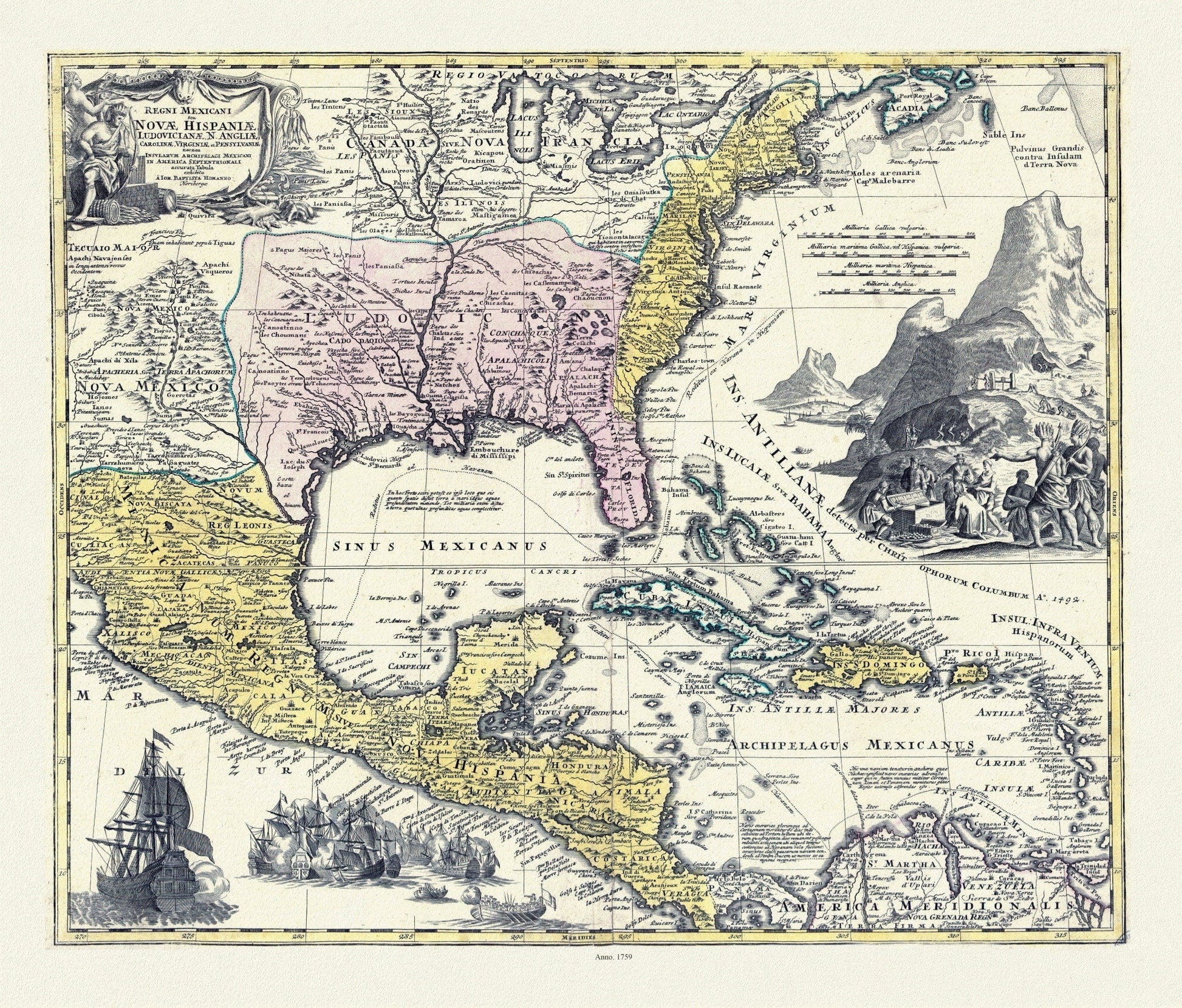 Regni Mexicani seu Novæ Hispaniæ, Ludovicianæ, N. Angliæ, Carolinæ, Virginæ et Pensylvaniæ in America Septentrionali, 1759 canvas 22x27" - The Map Chest